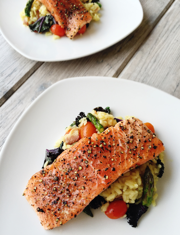 Butter Poached Pepper Crusted King Salmon Over Bacon & Vegetable Risotto