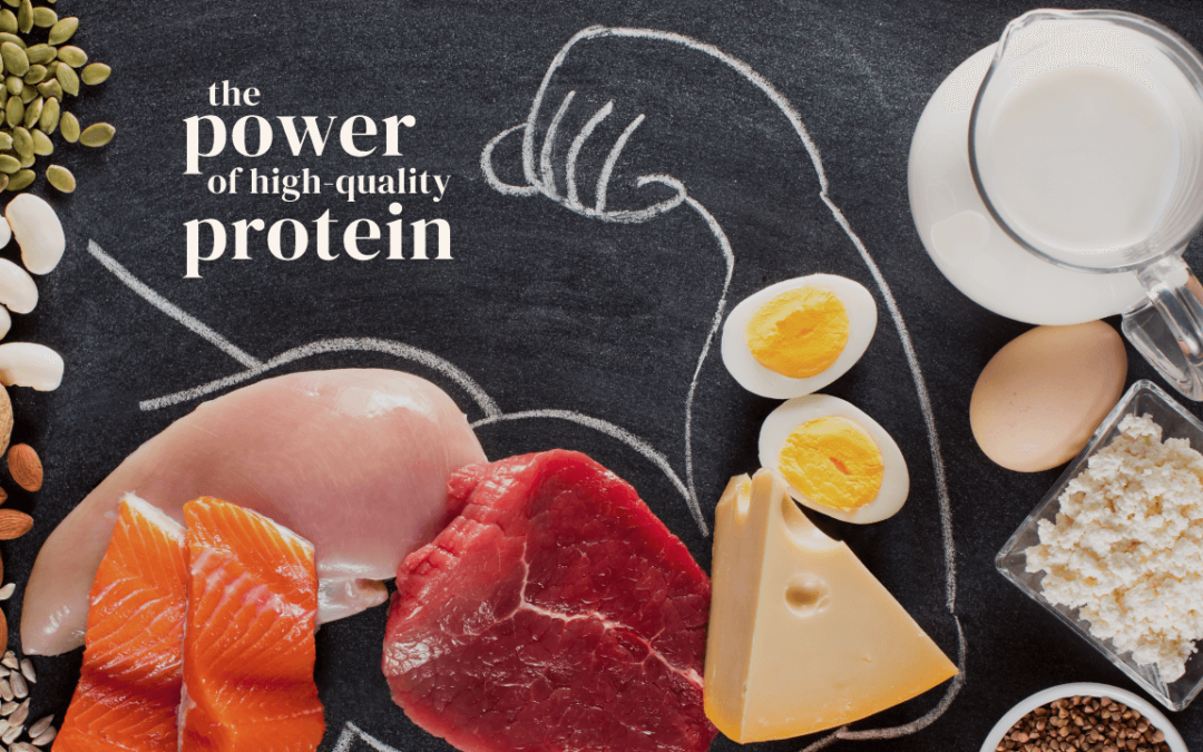 "There's Power in Protein" with an outline of a flexed biceps with protein sources filling it