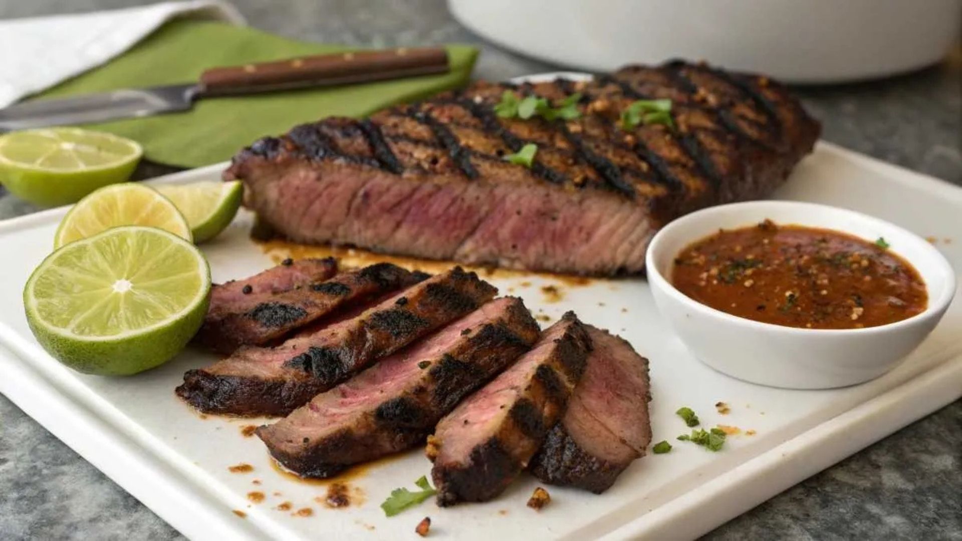 Juicy, perfectly grilled sirloin steak with charred grill marks, sliced into tender pieces and served on a white platter. Accompanied by fresh lime halves and a small white bowl of spicy chipotle sauce, garnished with herbs. The steak has a delicious smoky exterior and a tender, pink interior, making it look irresistible.