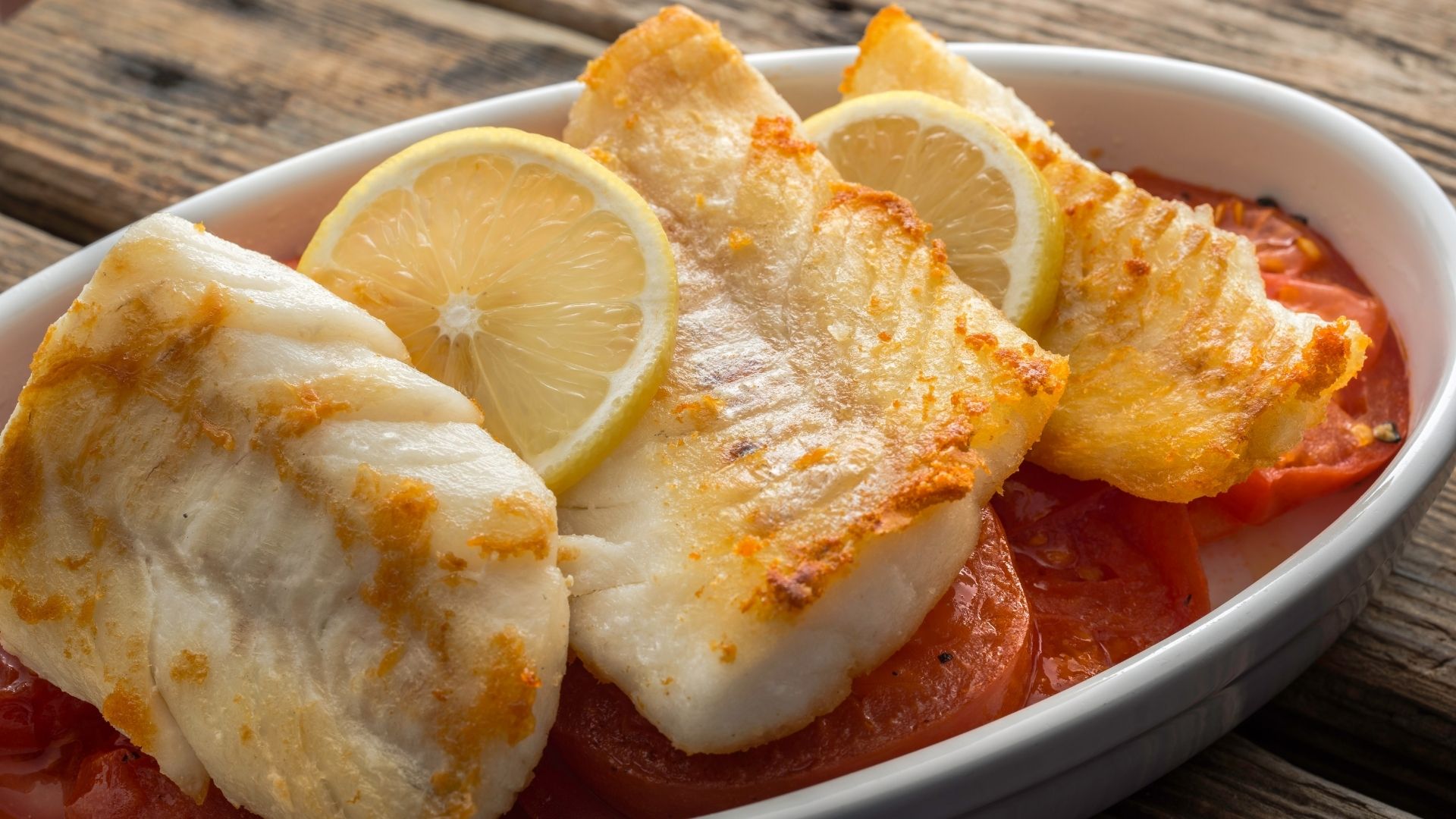 Golden-brown baked cod fillets served in a white dish, garnished with fresh lemon slices. The fish rests on a bed of roasted tomatoes, adding vibrant color and flavor to the dish. The cod’s crispy edges and tender texture are highlighted against the rustic wooden table background.