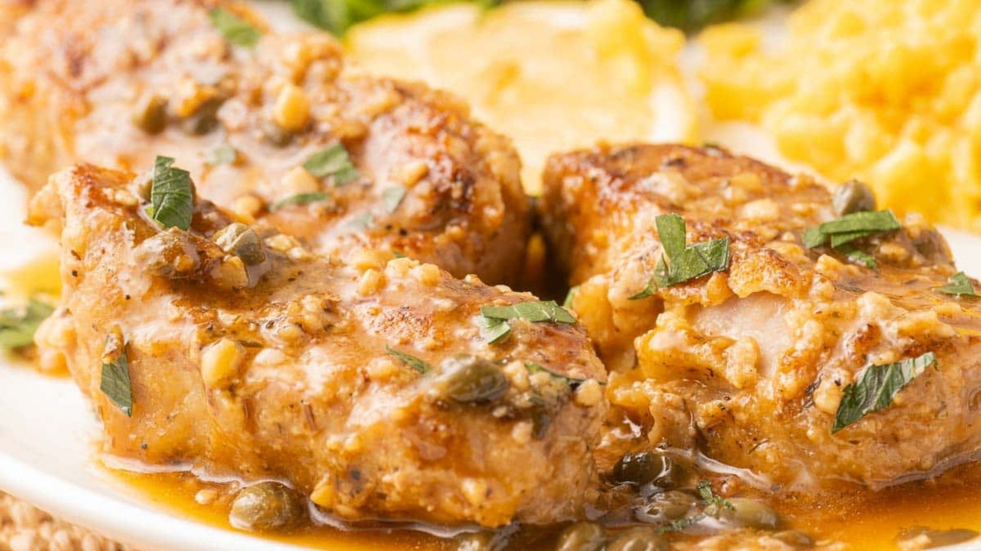 Golden-brown pork piccata served on a white plate, topped with a rich and creamy lemon-butter sauce infused with garlic, capers, and fresh herbs. The pork is garnished with chopped parsley, enhancing its flavor and visual appeal. In the background, creamy mashed potatoes and vegetables provide a comforting side dish.