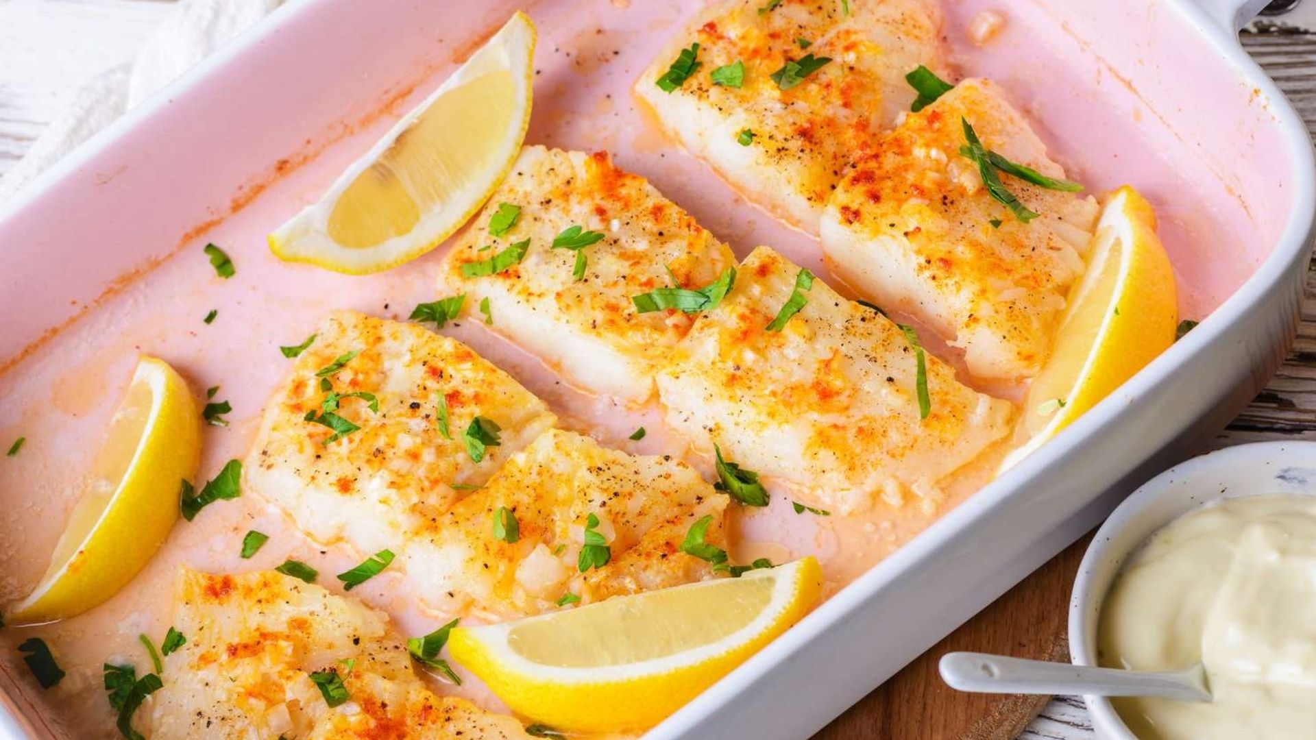 Baked wild-caught fluke fillets served in a white baking dish. The fish is golden and flaky with a light coating of garlic and seasoning, garnished with chopped parsley and lemon wedges. A small bowl of creamy dipping sauce with a spoon rests beside the dish, adding a touch of elegance to the presentation. The bright, airy setting enhances the freshness of the seafood.