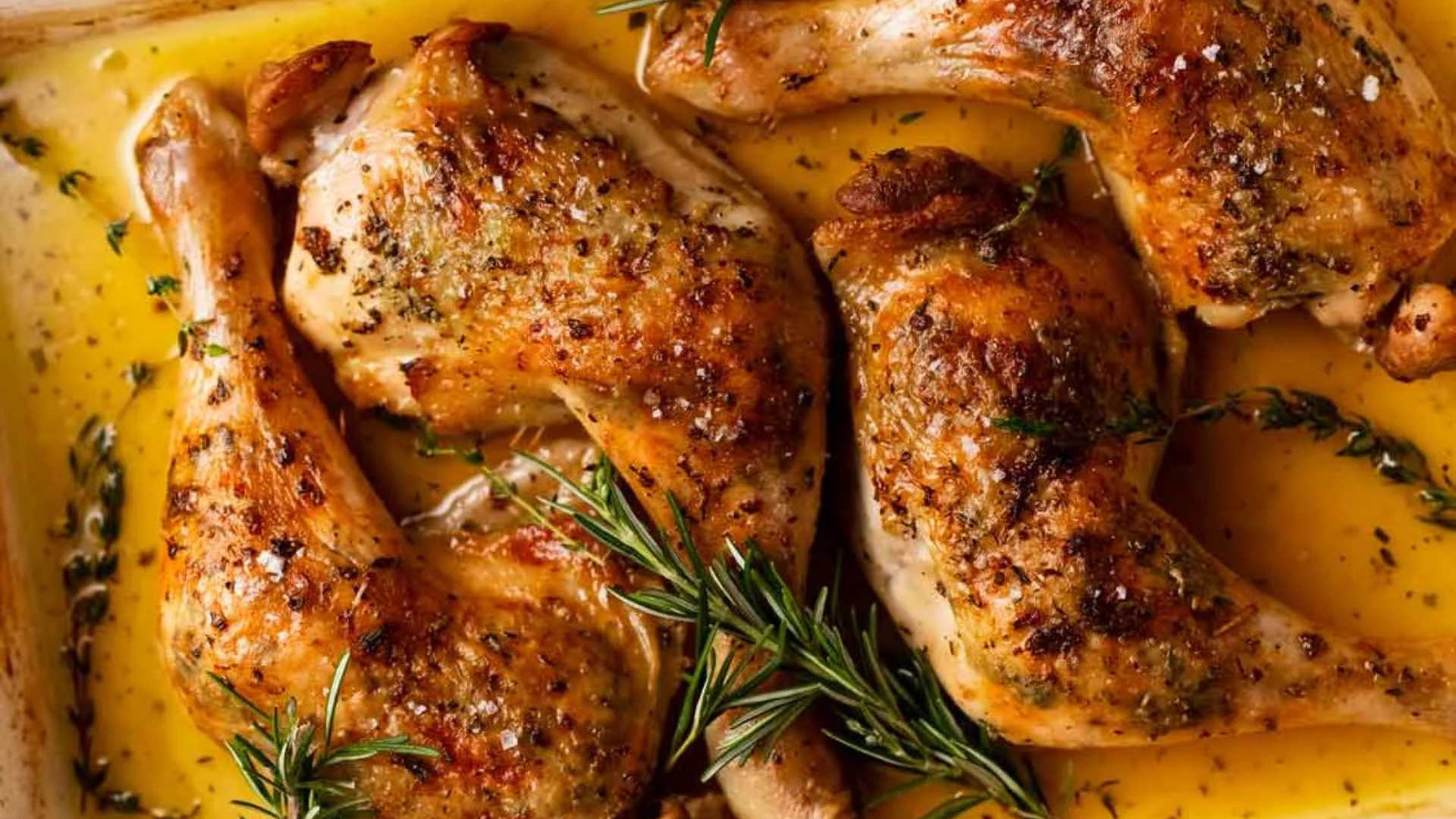 Golden-brown herb-roasted chicken leg quarters in a baking dish with fresh rosemary and thyme in a savory sauce.