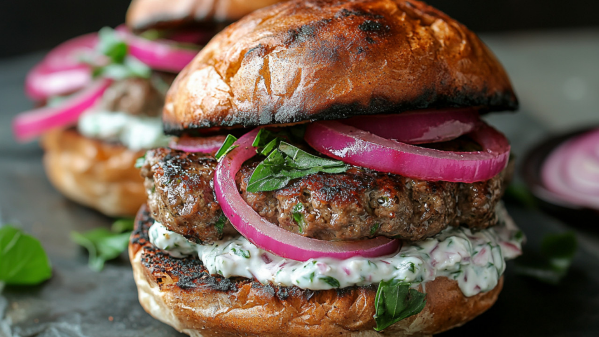 Grilled lamb burgers in toasted buns, topped with tzatziki sauce, red onions, and fresh herbs for a Mediterranean twist.