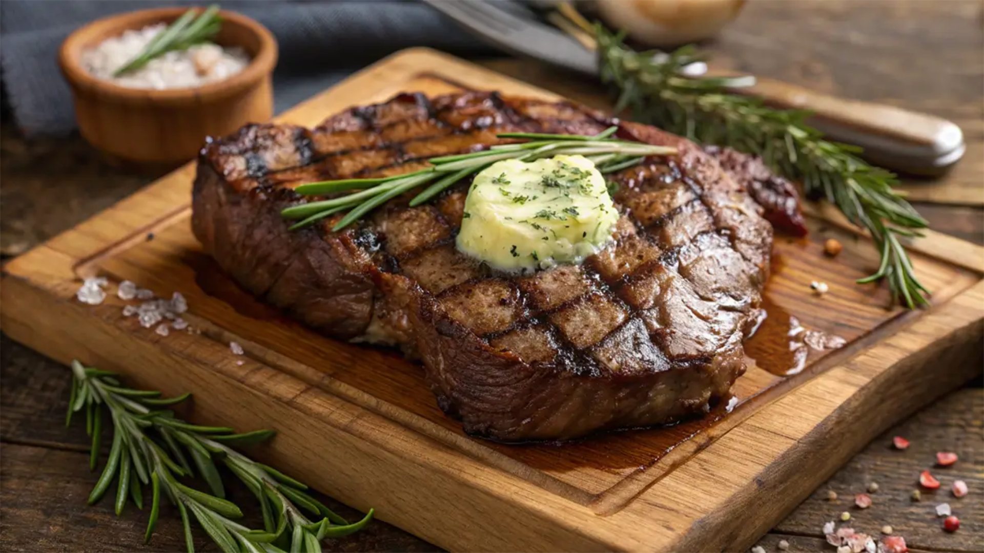 Thick-cut chuckeye steak seared to perfection, topped with a pat of herb garlic butter and garnished with rosemary.