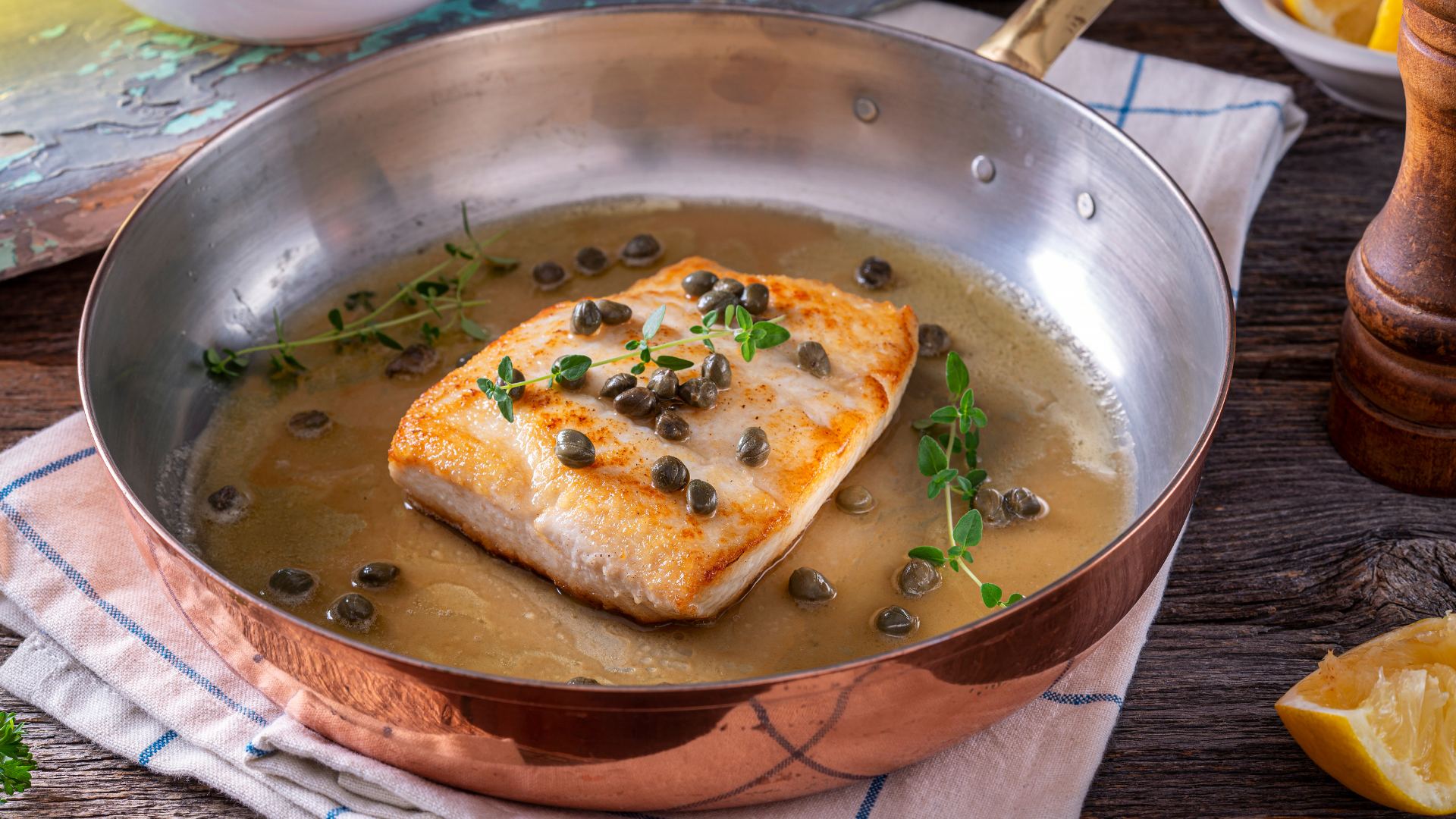 A golden-brown whitefish fillet in a stainless steel pan, topped with capers and fresh herbs in a light lemon butter sauce.
